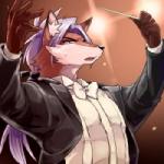 anthro bow_(feature) bow_tie brown_body brown_fur clothed clothing conducting_baton fur hair holding_object humanoid_hands inner_ear_fluff jacket japanese kemono male music_conductor ponytail purple_hair solo topwear tuft 1boshi canid canine fox mammal 1:1 low_res thumbnail