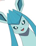 2021 absurd_res ambiguous_gender artist_name blue_body blue_ears blue_eyes blush eeveelution feral generation_4_pokemon glaceon head_tilt hi_res looking_at_viewer nintendo patreon patreon_logo pokemon pokemon_(species) simple_background smile smiling_at_viewer solo tongue white_background winick-lim