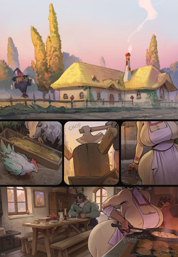 anthro axe biped bottomwear breasts building clothed clothing cooking detailed_background duo feathers female feral fingers furniture hair house inside kitchen male multicolored_body outside pupils sitting table thick_thighs topwear bonifasko malusha_(bonifasko) tuve_(bonifasko) deer mammal new_world_deer reindeer comic hi_res