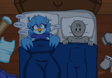 after_sex anthro bed big_breasts blush breasts clothing discarded_clothing discarded_underwear duo female furniture huge_breasts male male/female nude on_bed text thick_thighs underwear wide_hips sebtoons undertale_(series) undertale_yellow anon martlet_(undertale_yellow) avian bird human mammal