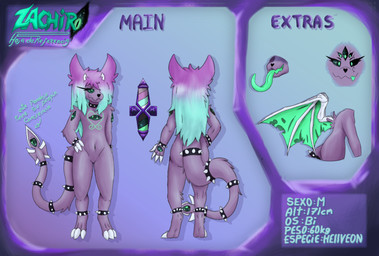 anklet anthro blue_hair bone_wings bracelet collar dark_sclera eyelashes femboy fur green_eyes green_markings green_tongue hair hair_over_eye horn jewelry legband living_tail long_eyelashes long_hair long_tail long_tongue male markings multi_eye purple_body purple_fur purple_hair slim solo spiked_anklet spiked_bracelet spiked_collar spiked_legband spikes standing tail text tongue unusual_anatomy unusual_tail unusual_wings wings zachiro404 zachiro_(zachiro404) hellveon hi_res model_sheet spanish_text translated