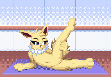anthro anthrofied exercise female flat_chested fur genitals hair looking_at_viewer nude pokemorph smile solo spread_legs spreading vulva workout yellow_body yellow_fur zeka10000 nintendo pokemon eeveelution generation_1_pokemon jolteon pokemon_(species) digital_media_(artwork) pixel_(artwork)