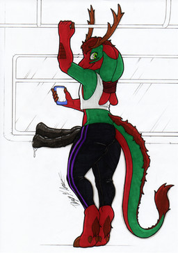 2_penises animal_genitalia animal_penis anthro antlers balls big_penis black_penis bodily_fluids bottomwear cellphone clothed clothing cloven_hooves dewclaw_hooves electronics equine_genitalia equine_penis fingers fur genital_fluids genitals green_body green_eyes green_fur hooved_fingers hooves horn hybrid_genitalia hybrid_penis knot knotted_equine_penis knotted_penis looking_back male medial_ring midriff multi_balls multi_genitalia multi_penis pants penis phone precum public public_exposure red_body red_fur shirt simple_background solo tail tank_top topwear unguligrade wardrobe_malfunction white_background yoga_pants rotten_owl mythology blaze_(blazedr) dragon mythological_creature mythological_scalie scalie absurd_res hi_res traditional_media_(artwork)