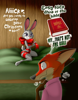 anthro bed bedding blanket book bow_ribbon clothing collared_shirt constricted_pupils dialogue female flirting furniture gift gift_wrapped heart_symbol holidays male nervous pupils scut_tail shirt short_tail small_pupils smile solo tail text thought_bubble topwear bitchimadorable christmas disney kama_sutra zootopia judy_hopps nick_wilde canid canine european_rabbit fox lagomorph leporid mammal oryctolagus rabbit red_fox true_fox absurd_res english_text hi_res