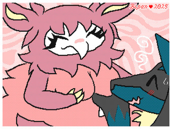 abstract_background ambiguous_gender anthro aphrodisiac aphrodisiac_gas bangs beak big_breasts black_body black_fur blue_body blue_fur blush blush_lines bodily_fluids breast_grab breasts claws drunk duo ear_tuft eyelashes eyelashes_through_hair eyes_closed featureless_breasts female fluffy fluffy_body fluffy_ears fur fur_markings grabbing_own_breast hair hand_on_breast happy holding_breast long_eyelashes long_snout markings neck_tuft nervous nervous_smile nervous_sweat pattern_background pherokinesis pheromones pink_background pink_body pink_fur pointy_ears semi-anthro shy simple_background smile snout substance_intoxication sweat sweatdrop tan_body tan_fur translucent translucent_hair tuft bipan nintendo pokemon aromatisse generation_4_pokemon generation_6_pokemon lucario pokemon_(species) 4:3 digital_drawing_(artwork) digital_media_(artwork)