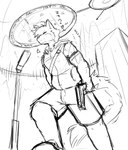 anthro athletic athletic_anthro athletic_male biped bottomwear clothing eyes_closed gun holding_gun holding_object holding_ranged_weapon holding_weapon hoodie male ranged_weapon ritual shorts solo topwear weapon cheezychezu canid canine canis mammal wolf 2025 hi_res monochrome sketch