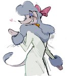 anthro blowing_kiss bow_ribbon clothed clothing coat female flirting fully_clothed fur grey_body grey_fur half-closed_eyes heart_symbol narrowed_eyes smile smirk solo standing tail teeth topwear upper_body walking kinto-bean disney oliver_and_company georgette_(disney) canid canine canis domestic_dog mammal poodle