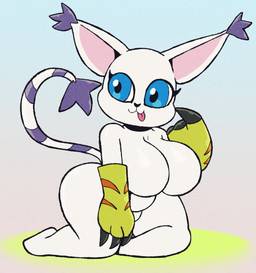 :3 anthro big_breasts breasts butt clothing ear_tuft featureless_breasts female gloves gloves_only handwear handwear_only huge_breasts kneeling mostly_nude overweight overweight_anthro overweight_female shortstack solo thick_thighs tongue tongue_out tuft wide_hips someth1ngoranother bandai_namco digimon digimon_(species) gatomon hi_res
