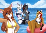 alcohol anthro auburn_hair bendy_straw beverage bikini black_bikini black_clothing black_hair black_nails black_nose black_swimwear black_tail blonde_hair blue_eyes blue_inner_ear bow_bikini breasts brown_body brown_fur clothed clothed_anthro clothed_female clothing clothing_bow cloud cocktail colored_nails countershade_head countershade_torso countershading day drinking drinking_straw ear_piercing entwined_arms eyebrows eyewear female female_anthro fingerless_(marking) freckles fur glasses glistening glistening_hair glistening_object gloves_(marking) grey_bikini grey_body grey_clothing grey_eyes grey_fur grey_horn grey_swimwear group hair hand_on_hip horn inflatable inner_ear_fluff inner_tube light long_hair looking_at_viewer markings nails navel one_eye_closed open_mouth open_smile outside partially_submerged piercing pink_inner_ear purple_body purple_bow purple_fur reclining red_hair reverse_countershading sea sitting sky smile smiling_at_viewer snout spots spotted_body spotted_fur standing striped_body striped_fur stripes swimwear tail tan_body tan_fur teal_eyes tuft two-piece_swimsuit water wet white_body white_fur white_inner_ear white_inner_ear_fluff white_nose yellow_bikini yellow_clothing yellow_swimwear the_furry_tail_of_your_soul founntain_(character) lazarel naya_(andoefa) bovid canid canine caprine deer demon fox goat mammal 2023 absurd_res artist_name hi_res lighting shaded soft_shading