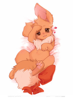 accessory bed blush bow_(feature) bow_accessory bow_ribbon brown_eyes featureless_crotch female feral fluffy fluffy_tail furgonomics furniture heart_symbol looking_at_viewer lying on_back open_mouth pawpads paws ribbons simple_background solo tail tail_accessory tail_bow tail_ribbon text white_background ancesra nintendo pokemon eevee generation_1_pokemon pokemon_(species) 3:4 absurd_res digital_media_(artwork) hi_res shaded url