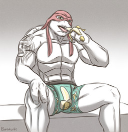3_fingers abs anthro banana biceps bottomwear bulge clothed clothing eating eating_food fingers food fruit green_body holding_banana looking_at_viewer male mask muscular muscular_anthro muscular_male open_mouth pecs photo_shoot plant shell simple_background sitting smile solo spread_legs spreading tattoo tongue tongue_out topless topless_anthro topless_male underwear baraturts teenage_mutant_ninja_turtles teenage_mutant_ninja_turtles_(2014) raphael_(tmnt) reptile scalie turtle digital_media_(artwork)