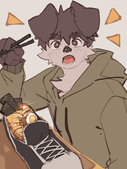 black_body black_clothing black_eyes black_footwear black_fur black_hair black_shoes clothing floppy_ears food footwear fur green_clothing green_hoodie green_topwear hair hoodie looking_at_viewer male noodles open_mouth ramen shoe_fetish shoes sneakers solo topwear white_body white_fur hemuchang shin_(hemuchang) canid canine canis domestic_dog mammal 2022 hi_res