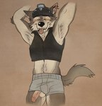 2024 anthro astrayd0g balls balls_through_leghole black_clothing black_hat black_headwear black_nose black_topwear black_vest blue_boxers blue_clothing blue_underwear bodily_fluids boxers_(clothing) brown_background brown_body brown_ears brown_fur brown_theme canid canine canis clothed clothed_anthro clothed_male clothing countershading ear_piercing epic_games fangs fortnite front_view fur genital_fluids genitals glans hat headgear headwear inner_ear_fluff male mammal multicolored_body multicolored_fur orange_sclera pantsless_anthro pantsless_male penis penis_poking_out penis_through_leghole piercing pink_glans pink_inner_ear pink_penis portrait precum raised_arm raised_arms simple_background smile solo standing tan_balls tan_body tan_countershading tan_fur tan_inner_ear_fluff teeth three-quarter_portrait tongue tongue_out topwear tuft two_tone_body two_tone_fur underwear vein veiny_penis vest wendell_(fortnite) wolf yellow_sclera