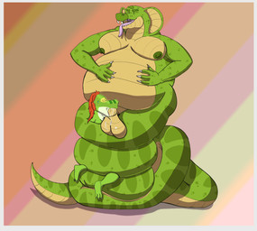 abstract_background anthro apode balls belly big_balls big_belly bodily_fluids border claws coiling coiling_another coiling_around_body dominant duo fangs feather_hair feathers feet fellatio genitals green_body green_scales grey_border larger_dom legless looking_pleasured male nipples nude obese oral overweight penile pseudo_hair saliva scales serpentine sex size_difference sweat sweatdrop teeth toe_claws tongue tongue_out underbelly speence_(artist) speence draconcopode lizard naga reptile scalie snake 2026 absurd_res colored hi_res