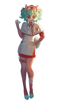 anthro clothing eye_patch eyewear female hair legwear nurse pantyhose solo standing syringe teal_hair rumeru canid canine canis domestic_dog mammal spitz absurd_res hi_res