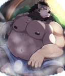 anthro belly big_belly blush bodily_fluids bulge humanoid_hands kemono male moobs navel nipples overweight overweight_male solo steam sweat towel metaporin tamacolle yamato_(tamacolle) canid canine canis mammal wolf 2023 hi_res