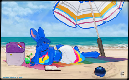 anthro beach bulge eyewear glasses hair intersex looking_aside lying on_front smile solo nikkyvix jonesy lagomorph mammal hi_res