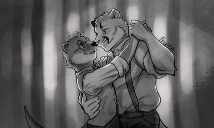 5_fingers blue_eyes clothed clothing dancing duo eyewear fingers glasses humanoid_hands male male/male mostly_greyscale red_eyes fruitz echo_(series) echo_project the_smoke_room clifford_tibbits samuel_ayers cougar felid feline mammal mustelid musteline stoat true_musteline weasel 5:3 greyscale monochrome partially_colored signature