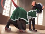 all_fours anthro black_body black_fur clothing digitigrade dutch dutch_angle es female fur looking_at_viewer maid_apron maid_headdress maid_uniform solo uniform mythrava mammal mouse murid murine rodent absurd_res hi_res