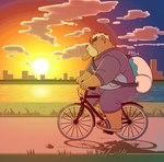 anthro bicycle bread brown_body brown_fur clothing cycling eyebrows food footwear fur green_hair hair male messenger_bag overweight overweight_male riding_bike sandals shoes solo sunset thick_eyebrows tracksuit vehicle hikoero777 lifewonders tokyo_afterschool_summoners ashigara_(tas) bear mammal