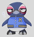 anthro beak blue_body blush clothing flippers jacket letter letterman_jacket looking_at_viewer simple_background slightly_chubby solo text topwear doneru animal_crossing nintendo tex_(animal_crossing) avian bird penguin hi_res japanese_text