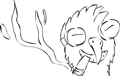 ambiguous_gender anthro cigar happy simple_background smile smoke smoking solo what white_background unknown_artist avian bird chicken galliform phasianid black_and_white digital_media_(artwork) monochrome source_request