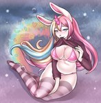 anthro belly big_breasts breasts clothing female hair horn legwear multicolored_hair rainbow_hair slightly_chubby slightly_chubby_anthro slightly_chubby_female solo stockings swimwear thick_thighs under_boob wide_hips rogbiejoke lagomorph leporid mammal rabbit digital_media_(artwork) hi_res