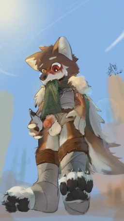 4_toes anthro balls bandage barefoot biped bottomwear bottomwear_aside brown_body brown_fur cape claws clothed clothing clothing_aside clothing_lift feet foreskin fur genitals green_clothing humanoid_genitalia humanoid_penis loincloth male outside penis red_eyes solo toes yellow_eyes saturnsamo canid canine canis coyote mammal absurd_res hi_res signature