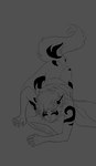 arm_markings bedding blanket butt cheek_tuft facial_markings facial_tuft head_markings inner_ear_fluff leg_markings male markings mouth_closed narrowed_eyes nude pillow simple_background solo tail tail_markings tuft vesper_art humanoid hi_res monochrome