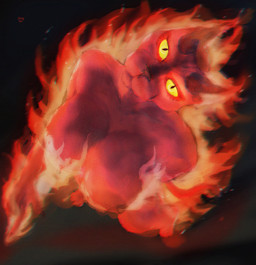 anthro female fire fur gesture glowing hand_gesture horn looking_at_viewer pointing pointing_down red_body red_fur solo yellow_eyes umbraunderscore demon domestic_cat felid feline felis mammal absurd_res hi_res