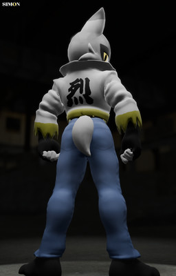 anthro barefoot butt cjk_character cjk_character_on_clothing clothing feet fingerless_gloves fist fur gloves handwear looking_at_viewer looking_back male rear_view short_tail solo still tail text white_body white_fur white_sclera yellow_eyes s1m0n aggretsuko game_freak nintendo pokemon sanrio fan_character felid feline floragato generation_9_pokemon humanoid mammal pokemon_(species) 3d_(artwork) digital_media_(artwork) hi_res