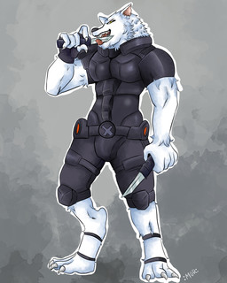 anthro armor barefoot belt biped claws clothed clothing combat_knife digitigrade dual_wielding fangs feet fur grey_background holding_knife holding_melee_weapon holding_object holding_weapon knife licking licking_knife licking_object looking_at_viewer male melee_weapon muscular muscular_anthro muscular_male narrowed_eyes open_mouth open_smile outline simple_background skinsuit smile solo standing teeth three-quarter_view tight_clothing tongue tongue_out weapon white_body white_fur white_outline yellow_eyes m.o.r canid canine canis mammal wolf 2018 4:5 absurd_res full-length_portrait hi_res portrait signature