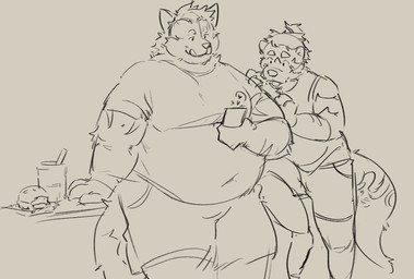 anthro bottomwear burger clothing container cup duo electronics excited food grey_background hair holding_object holding_phone leaning_on_table licking licking_lips male navel overweight overweight_male phone shirt shorts simple_background tail tank_top tongue tongue_out topwear watching_video butterontoast cosmo_(butterontoast) sola_(butterontoast) canid canine canis domestic_dog husky mammal mustelid nordic_sled_dog otter spitz 2026 digital_drawing_(artwork) digital_media_(artwork) hi_res monochrome sketch