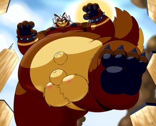 animal_genitalia anthro balls belly big_belly brown_body brown_fur city claws day fully_sheathed fur genitals half-closed_eyes looking_at_viewer low-angle_view macro male moobs narrowed_eyes naughty_face navel nipples nude outie_navel overweight overweight_anthro overweight_male pawpads paws sheath solo spikes sun tan_body tan_fur uhoh worm's-eye_view djermengandre djermengandre_(character) bear canid canine canis domestic_dog hybrid mammal hi_res