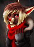 anthro brown_body brown_fur clothing female fur gloves handwear heart_symbol jacket looking_at_viewer red_eyes red_nose scarf simple_background solo topwear nayel-ie domestic_cat felid feline felis mammal hi_res