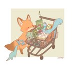 brown_body brown_fur dipstick_ears dipstick_tail dot_eyes ear_markings egg fur markings multicolored_ears orange_body orange_fur shopping shopping_cart simple_background solo tail tail_markings memegmu canid canine fox mammal 2023 digital_media_(artwork) hi_res signature