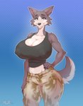 2023 anthro areola arm_tuft beastars big_areola big_breasts big_nipples breasts canid canine canis cheek_tuft cleavage clothed clothing digital_media_(artwork) elbow_tuft facial_tuft female hand_on_hip hi_res huge_breasts juno_(beastars) looking_at_viewer mammal nipple_outline nipples puffy_areola schwoo shoulder_tuft small_waist solo tuft wide_hips wolf