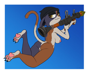 anthro anus black_clothing black_headwear breasts butt clothing female genitals headgear headwear holding_object holding_ranged_weapon holding_rocket_launcher holding_weapon nipples nude pawpads pink_nipples ranged_weapon rocket_launcher simple_background solo tail vulva weapon sunnyincognito epic_games fortnite meow_skulls calico_cat domestic_cat felid feline felis mammal