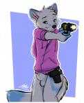 5_fingers animal_genitalia anthro balls bottomless clothed clothing detached_sheath electroshock_weapon fingers fully_sheathed genitals hip_holster holding_object holding_weapon holster hoodie male sheath simple_background smile solo stun_gun topwear weapon letodoesart leto_(letodoesart) arctic_fox canid canine fox mammal true_fox 2017