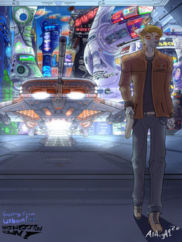 advertisement alien_planet anthro billboard bottomwear broad_shoulders brown_hair brown_nose building cannon city city_background city_lights city_skyline cityscape clothing denim denim_bottomwear denim_clothing fictional_product floodlight fur futuristic glowing grey_body grey_clothing grey_fur grey_shirt grey_topwear hair hangar holster holstered_pistol intake jacket jeans landing_gear leather leather_clothing leather_jacket leather_topwear lens_flare male news orange_eyes pants ramp ranged_weapon science_fiction shirt sky skyline skyscraper solo spacecraft star sunset tailless tall text topwear tower vehicle vibrant_background walking walking_towards_viewer weapon zipper anauga1 taverov_antonovich_(anauga1) canid canine canis coyote mammal 3:4 colored constructed_language digital_drawing_(artwork) digital_media_(artwork) fictional_language hi_res shaded watermark