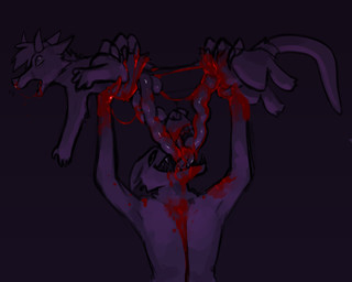 anthro blood blood_in_mouth blood_on_face bodily_fluids duo gore intestines_in_mouth male organs ripped_apart kuueen mammal marsupial absurd_res hi_res