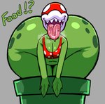 anthro ass_up bent_over big_butt bodily_fluids bra butt clothing female front_view green_body grey_background navel open_mouth orange_body pipe plant red_bra red_clothing red_underwear saliva saliva_on_tongue simple_background solo text thick_thighs tongue tongue_out underwear inuzu mario_bros nintendo elemental_creature flora_fauna piranha_plant 2024 digital_drawing_(artwork) digital_media_(artwork) hi_res