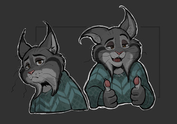 anthro black_ear_tips brown_eyes cheek_tuft claws clothing dipstick_ears ear_markings eyebrows facial_tuft fur gesture green_clothing green_sweater green_topwear grey_background grey_body grey_fur hand_gesture male multicolored_ears open_mouth orange_eyes pawpads pink_nose pink_pawpads pink_tongue raised_eyebrow simple_background smile solo sweater teeth thumbs_up tongue topwear tuft whiskers gr_thegreat disney zootopia pawbert_lynxley canada_lynx felid feline lynx mammal hi_res
