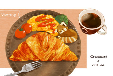 ambiguous_gender beverage biped bread brown_body brown_fur chibi coffee croissant eyes_closed feral food fur lying micro pastry solo text shi_nominmin ailurid mammal red_panda 2020 hi_res