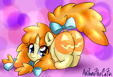 abstract_background accessory anus blue_eyes bow_(feature) bow_accessory bow_ribbon butt female feral furgonomics hair hair_accessory hair_bow hair_ribbon horn loli orange_hair presenting presenting_hindquarters raised_tail ribbons simple_background smile solo tail tail_accessory tail_bow tail_ribbon young young_female young_feral anibaruthecat friendship_is_magic hasbro my_little_pony mythology pumpkin_cake_(mlp) equid equine mammal mythological_creature mythological_equine unicorn 2014 digital_media_(artwork) hi_res