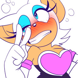 anthro armwear black_nose blue_eyes blush breasts clothing drunk elbow_gloves eyelashes fail female gesture gloves grin hair hand_gesture handwear heart_symbol looking_aside makeup one_eye_closed parody short_hair simple_background smile solo substance_intoxication v_sign white_background white_hair wink alexthebordercollie sega sonic_the_hedgehog_(series) rouge_the_bat bat mammal 1:1 reaction_image