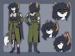 anthro black_hair black_nose clothed clothing fingers fluffy fluffy_tail fur grey_body grey_fur hair hand_on_hip looking_at_viewer military solo standing tail white_body white_fur yellow_eyes the_man nathan_(nathannatefox) canid canine canis eurasian_wolf mammal wolf 2024 4:3 absurd_res hi_res model_sheet