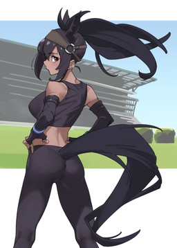 animal_ears animal_tail armwear bra breasts brown_body brown_clothing brown_eyes brown_gloves brown_hair brown_handwear brown_skin brown_tail butt clothing crop_top elbow_gloves exposed_shoulder female field fingerless_gloves gloves grass hair halter hands_on_hips handwear head_accessory highlights_(coloring) horse_tail human_ears inner_ear_fluff long_hair long_ponytail looking_at_viewer looking_back midriff multi_ear multicolored_hair outside plant ponytail presenting presenting_hindquarters rear_view shirt sky solo sports_bra stadium straps tail tank_top tight_clothing topwear tuft underwear wristband tanabeai kemono_friends seal_brown_horse_(kemono_friends) animal_humanoid equid equid_humanoid equine equine_humanoid horse horse_humanoid humanoid mammal mammal_humanoid 2026 colored digital_media_(artwork) half-length_portrait hi_res portrait shaded