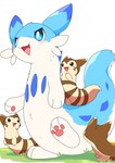 absurd_res ambiguous_gender blue_body blue_fur blush brown_body brown_fur chillet crossover featureless_crotch feral fur furret generation_2_pokemon group hi_res nintendo pal_(species) palworld pawpads pocketpair pokemon pokemon_(species) riding size_difference smile tail tailbutt tapering_tail thematy thick_tail three-quarter_view