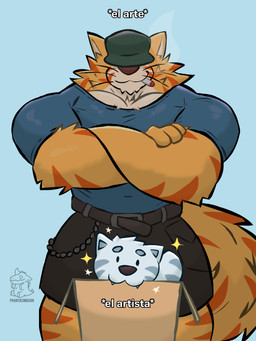 anthro art_vs_artist barazoku belt big_muscles blue_background blue_clothing blue_shirt blue_topwear bottomwear brown_bottomwear brown_clothing brown_shorts cigarette cigarette_in_mouth clothing crossed_arms duo fingers front_view fur green_clothing green_hat green_headwear grey_body grey_fur hat headgear headwear humanoid_hands humor larger_anthro larger_male logo male markings muscular muscular_anthro muscular_male object_in_mouth orange_body orange_fur shirt shorts simple_background size_difference smaller_anthro smaller_male smile smirk smoke smoking smoking_cigarette smug sparkles striped_markings stripes tail teeth text topwear phantasmbark domestic_cat felid feline felis mammal pantherine tiger 3:4 artist_logo artist_name colored hi_res meme shaded spanish_description spanish_text